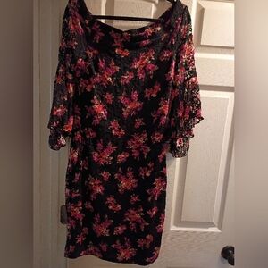 NWOT VENUS Black and Pink Floral Draped Bell Sleeve Dress